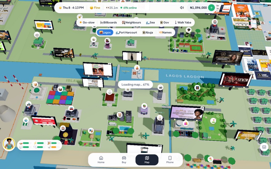 Lagos Life in-game Bank panel on desktop: balance and net worth, Top up wallet button, Naija Reserve Bank tax summary showing weekly tax-free amounts and the 20/30/35 percent tax bands